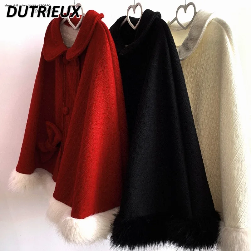 2025 Autumn Winter New Retro Double-breasted Fluffy Clock Jacket Sweet and Cute Girl Loose Lapel Bow Red Cape Short Coat