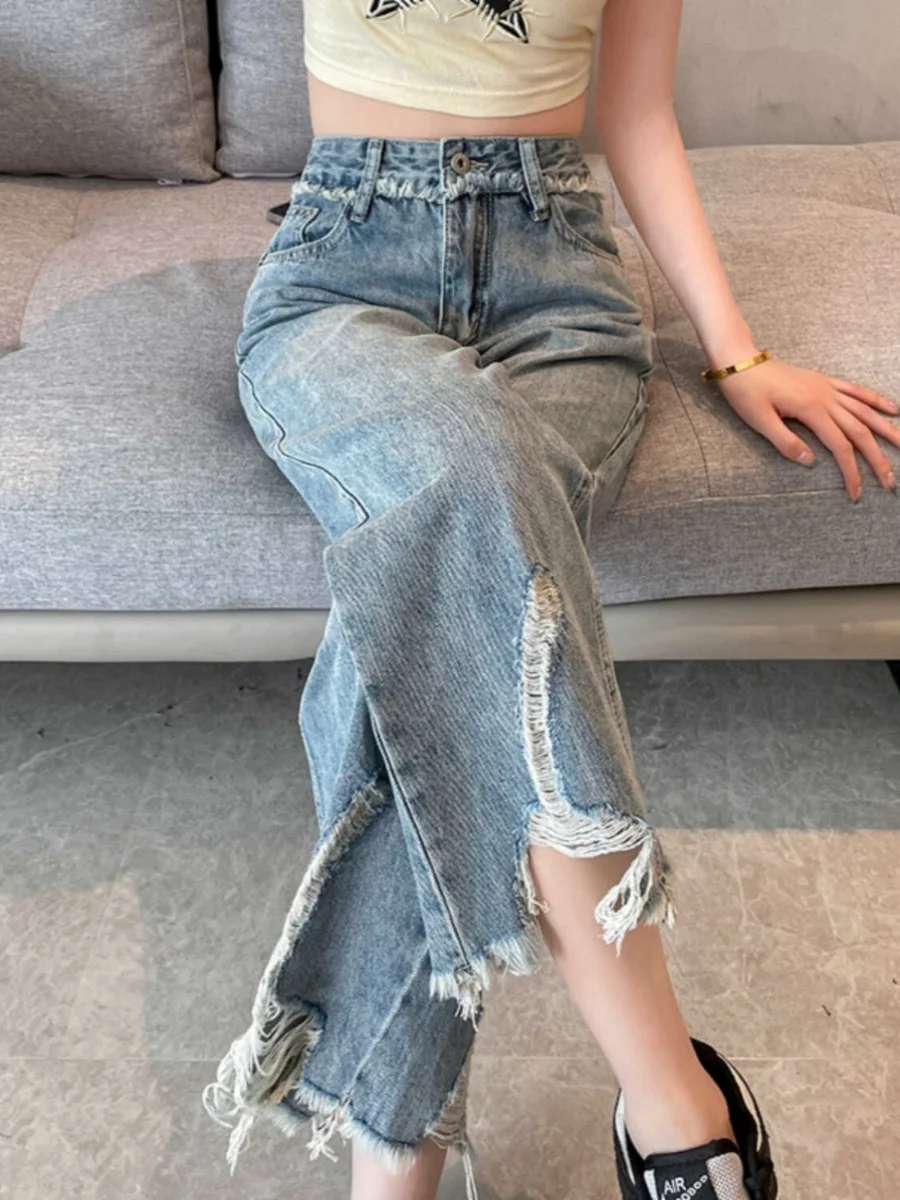 

Джинсы с высокой талией, женские летние новые модные джинсы небольшого размера с кисточками и прямыми штанинами, девять точек