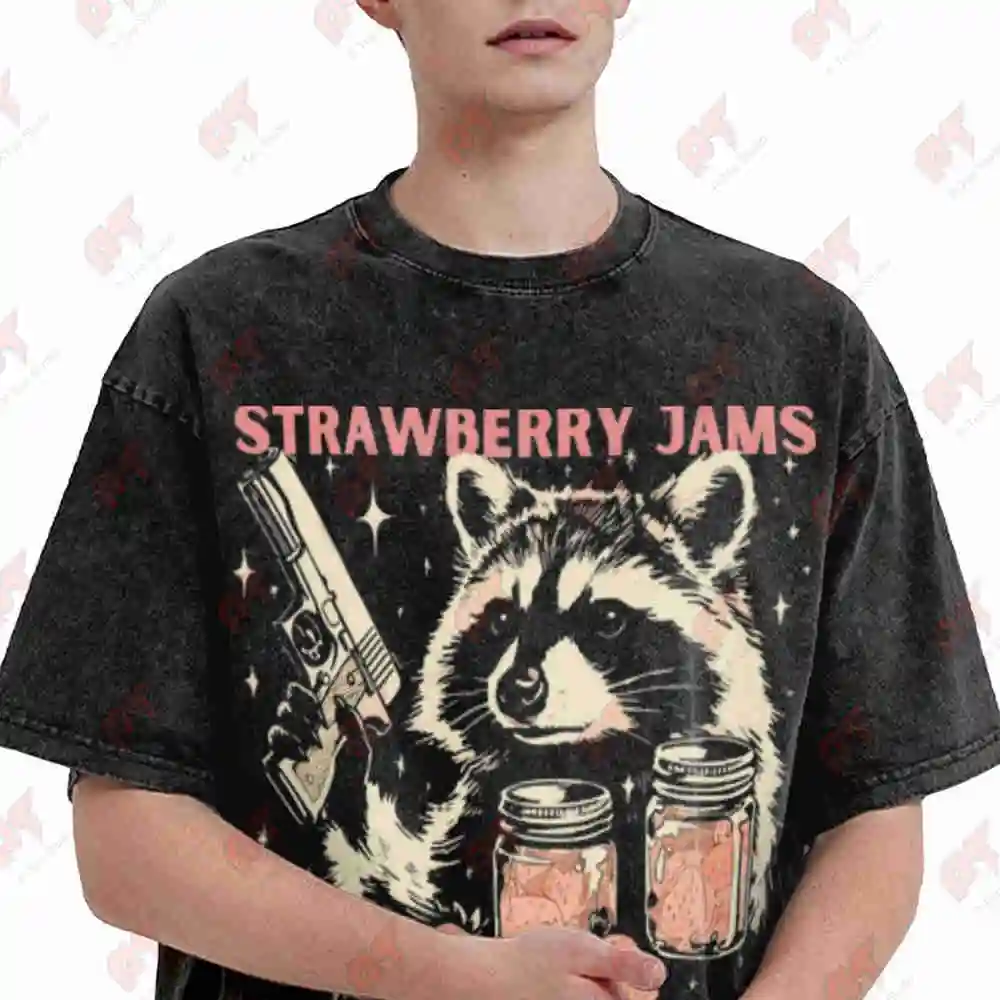 Raccoon Strawberry Jams Trash Panda Vintage Washed Tee Pure Cotton T-Shirt