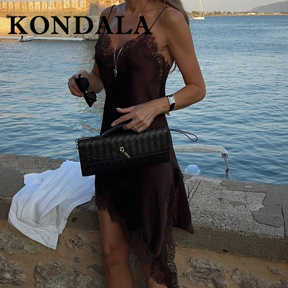 KONDALA Chic Marrone Sexy Del Merletto Y2K Vestito Da Donna Cami Asimmetrico Club Mini Vestito di Modo 2025 Moderno Partito di Notte Abiti Femminili
