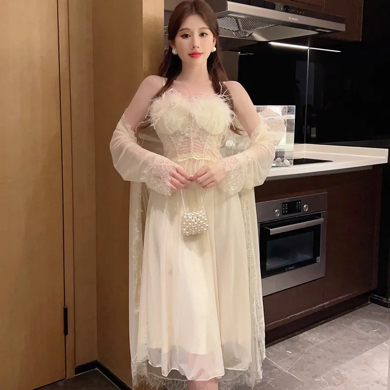 Princess Court Style Robe Set Women Sleepwear Home Clothes Hollow Out Lace Mesh Kimono Bathrobe Gown Suit Nightgown Lingerie