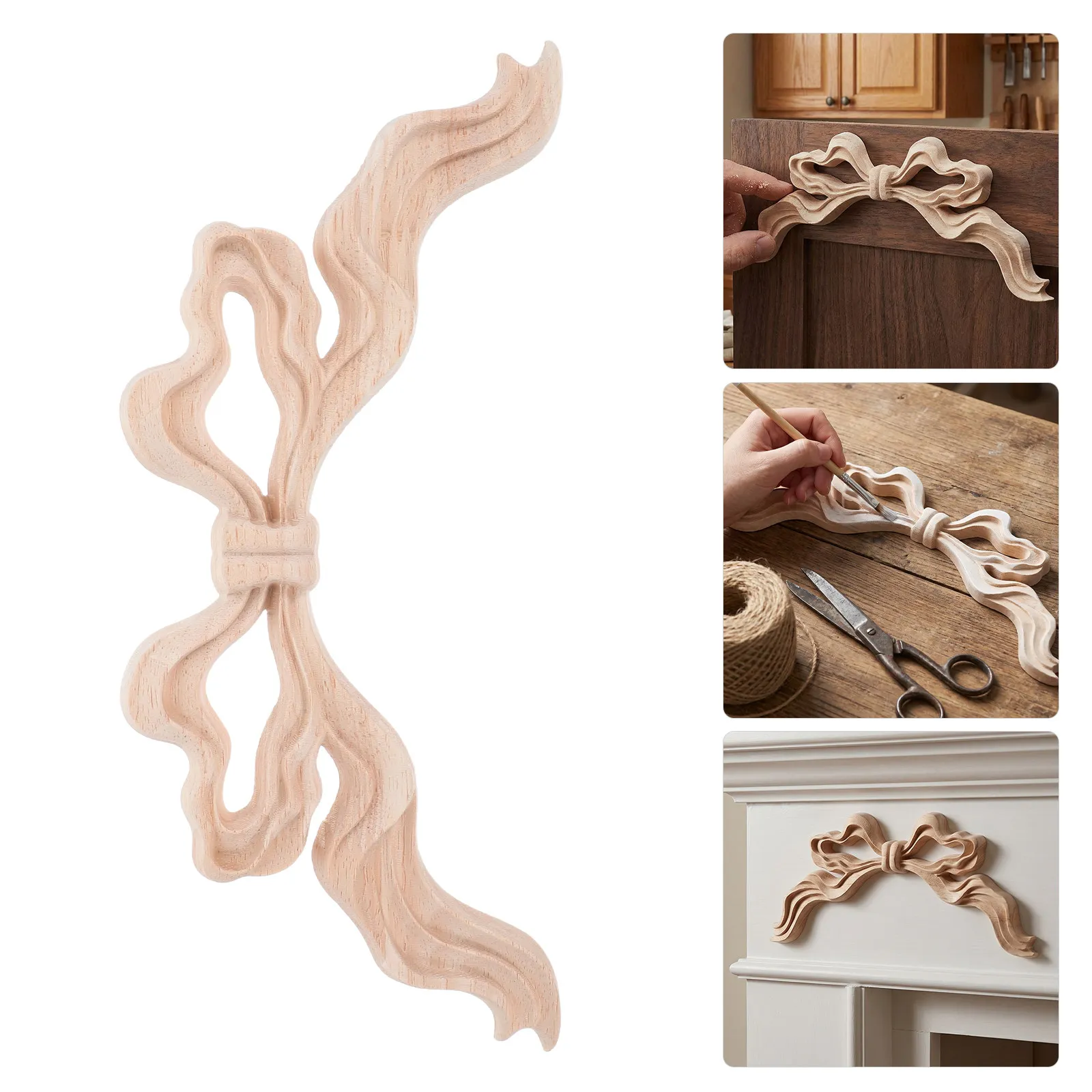 3Pcs Hand Carved Wood Applique Bow Knot Elegant Hollow Out Furniture Decorative Onlay for Walls Vintage Cabinet