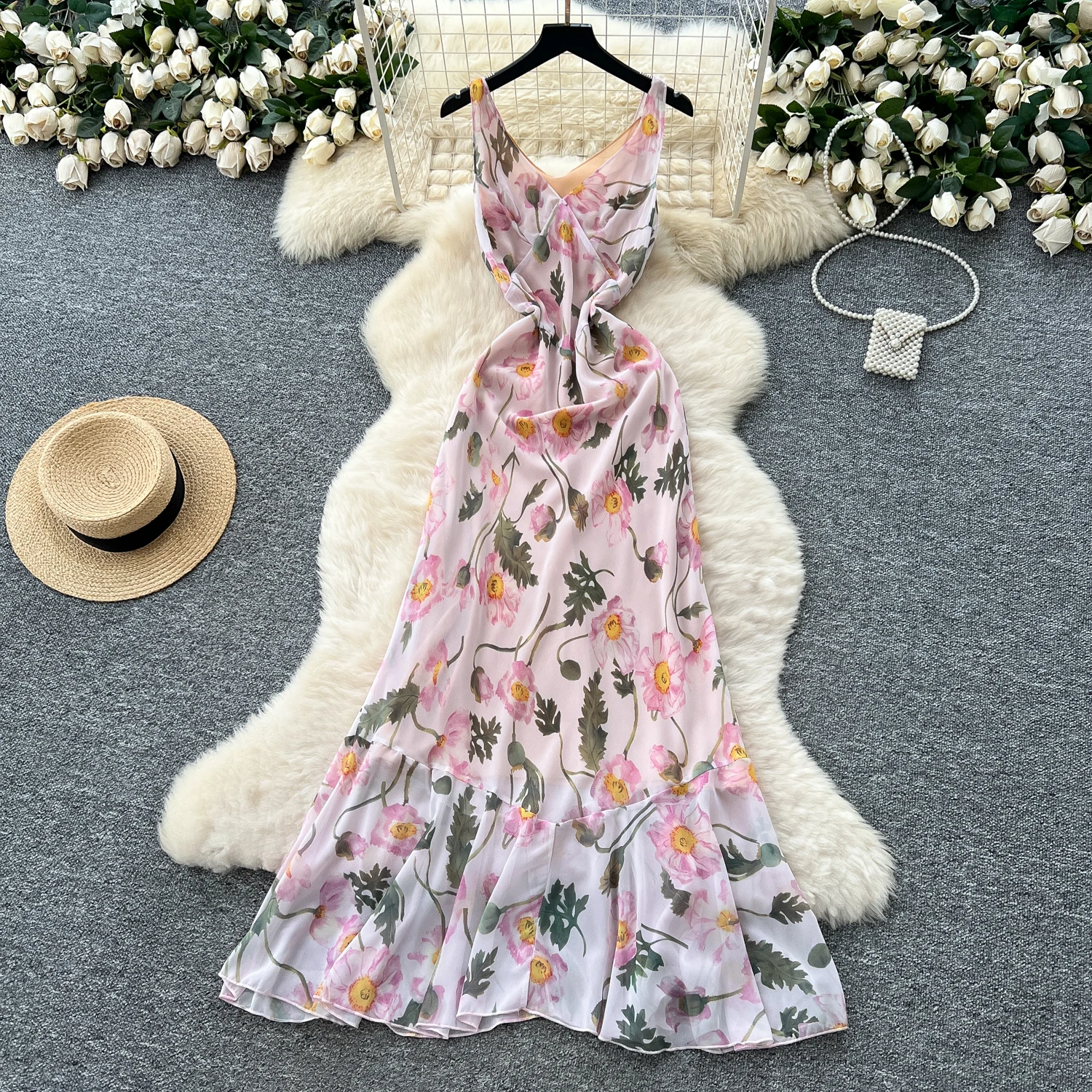 Chic stampa vintage con volant scollo a V senza maniche Elegante fata moda coreana Boho Sundress Beach abbigliamento donna