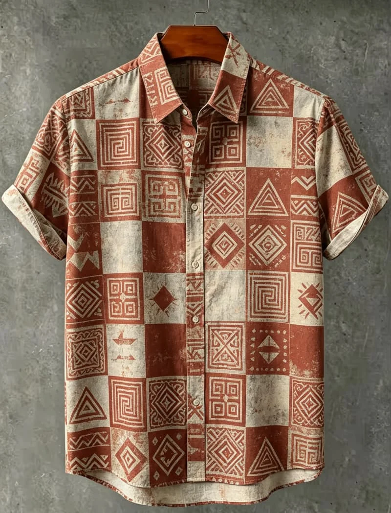 Men's Tribal Portrait Geometric Print Vacation Short Sleeved shirt, For Casual travel, Beach travel, And Ethnic Vacation Style