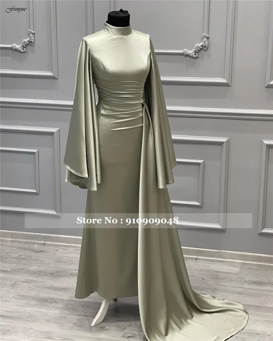 Funyue Elegant High Neck Long Sleeve Evening Gowns For Women Satin Pleated Formal Dress Mermaid Wedding Prom Party Dresses New