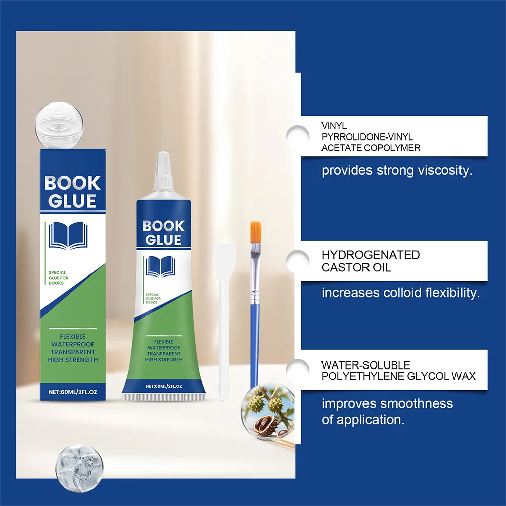 Professional Book Glue with Brush Transparent Book Binding Adhesive Quick-Drying Repair Glue for Envelopes Postcards Paper Craft