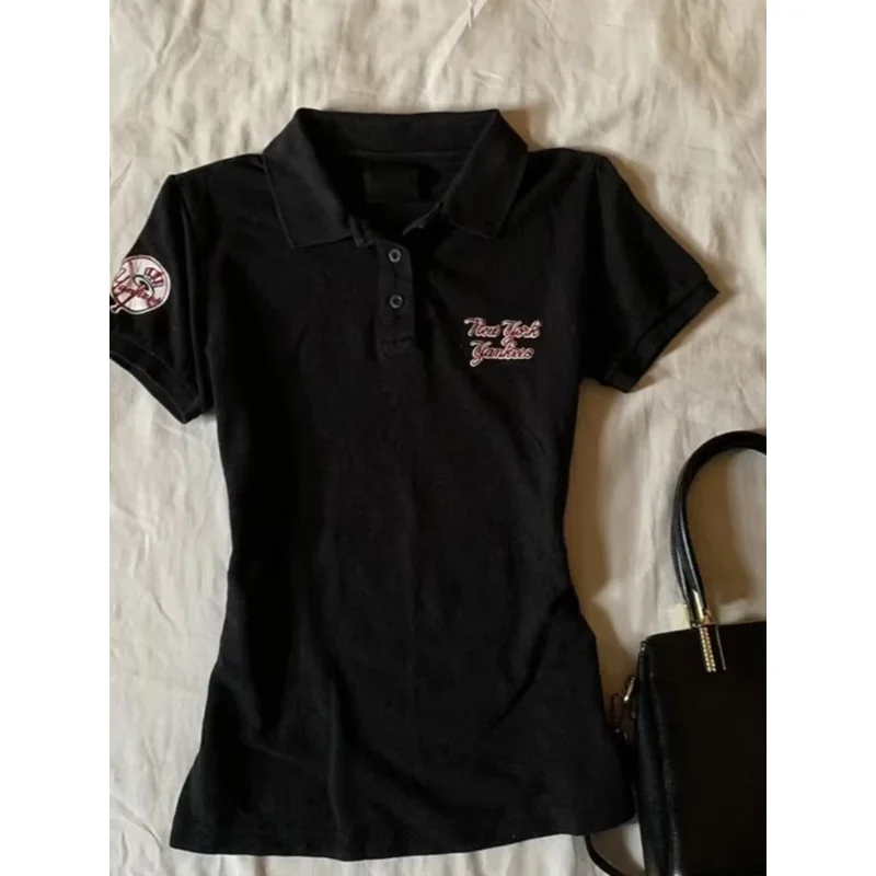 Deeptown Y2k Black Vintage Women's T-Shirts Harajuku Letter Print Short Sleeve American Style Polo Collar Tees Slim Gyaru Summer image 6