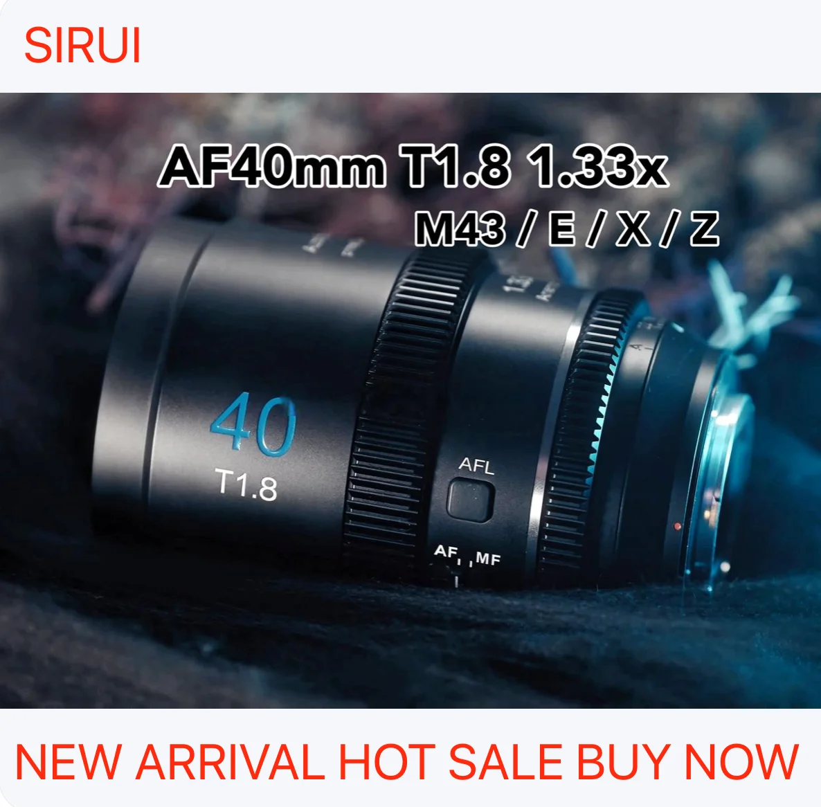 Sirui 40mm T1.8 1.33x S35 AF Anamorphic Lens (for Sony E for Nikon Z for Fuji X F for Marco 4/3 Cine lens zoom, Blue flares)