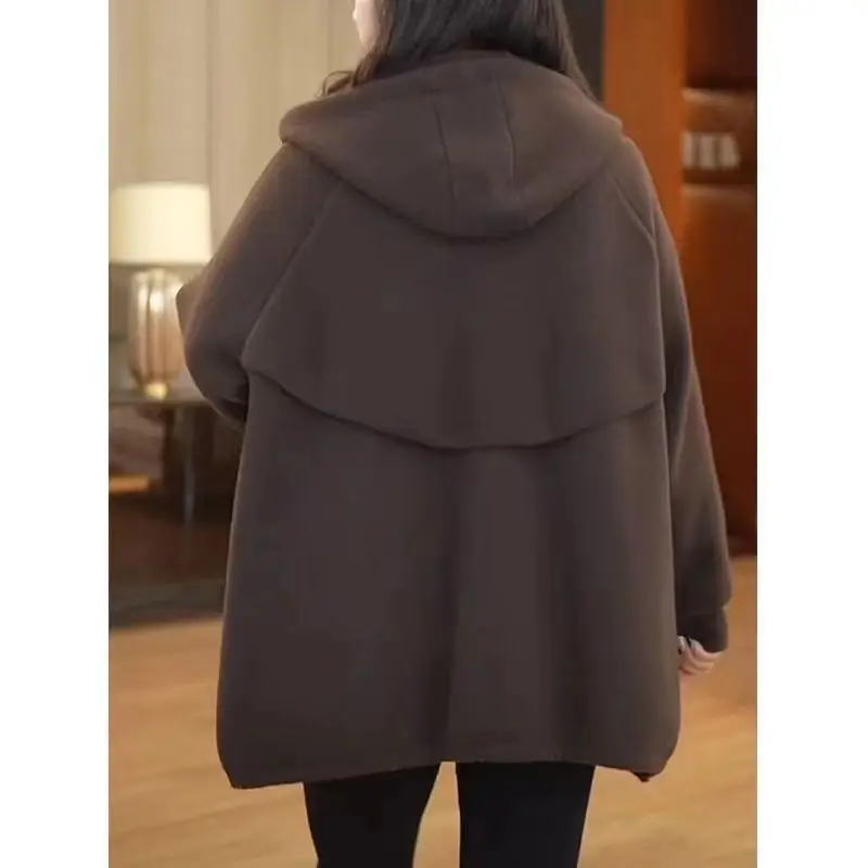 Modny płaszcz z kapturem, luźny, średniej długości, damski płaszcz jesienno-zimowy, ocieplany pluszem, kardigan, kurtka, sweter damski.