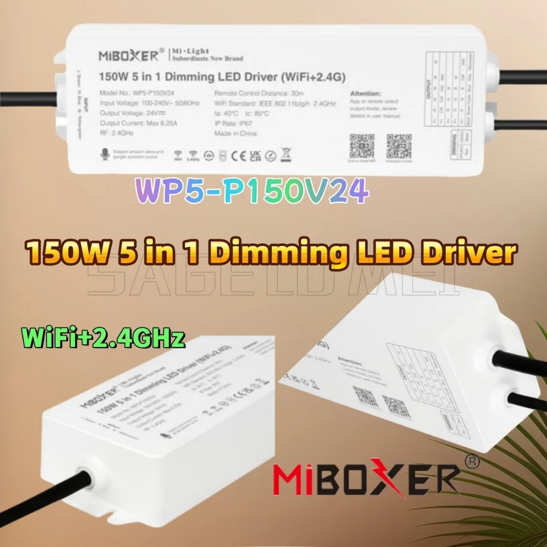 

WP5-P150V24 Single Color Dual White RGB RGBW RGB+CCT WiFi +2.4G Dimming LED Driver Waterproof Drive Power Wireless RF Control DC