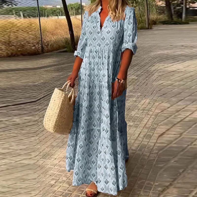 Vintage Female Stand Collar Shirt Beach Dress Casual Loose Long Sleeve Boho Maxi Dress Summer Fashion Print Women Party Dresses