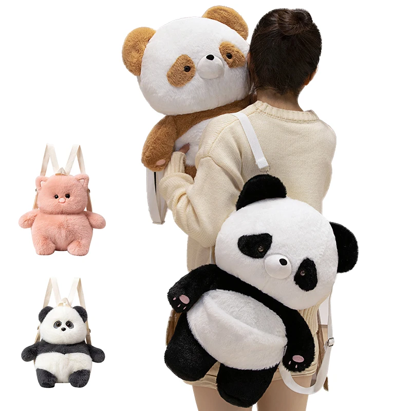 Cute Panda Backpacks Warm Soft Animal Toys Fluffy Piggy Bags Kids Cartoon Adjustable Plush Schoolbags Birthday Gifts for Girls