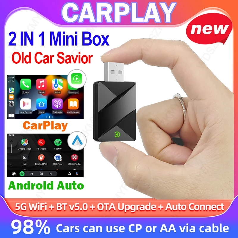 

2025 New 2 in1 Wired to Wireless CarPlay Box Mini Adapter Android Auto Smart Box Plug and Play Auto Connection OTA Update