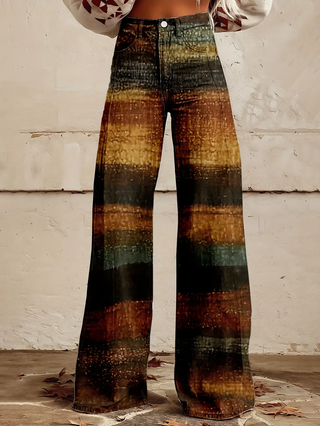 Ladies' loose and elegant retro printed straight leg pants with hidden zipper design,