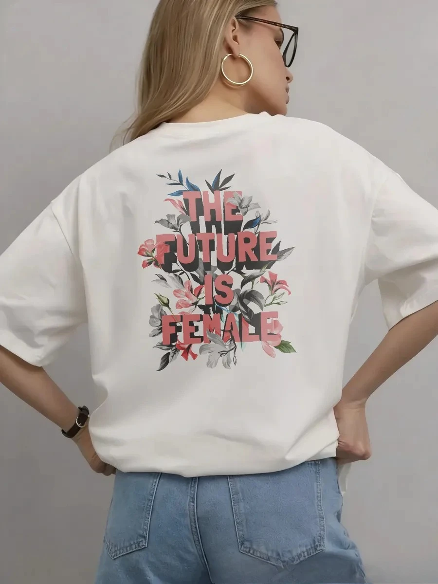American Trendy Casual T-shirt Light Fresh Fun Pop Floral Print Summer Versatile Women's Office Blouse for Hiding Body Flaws