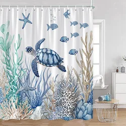 Blue Sea Turtle Shower Curtains Watercolour Starfish Fish Seagrass Ocean Bath Curtain Set Fabric Home Bathroom Decor with Hooks