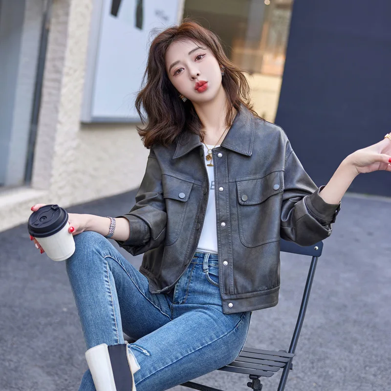 trend leather jacket short jacket for women in spring 2024, new western-style design, sheep leather jacket top