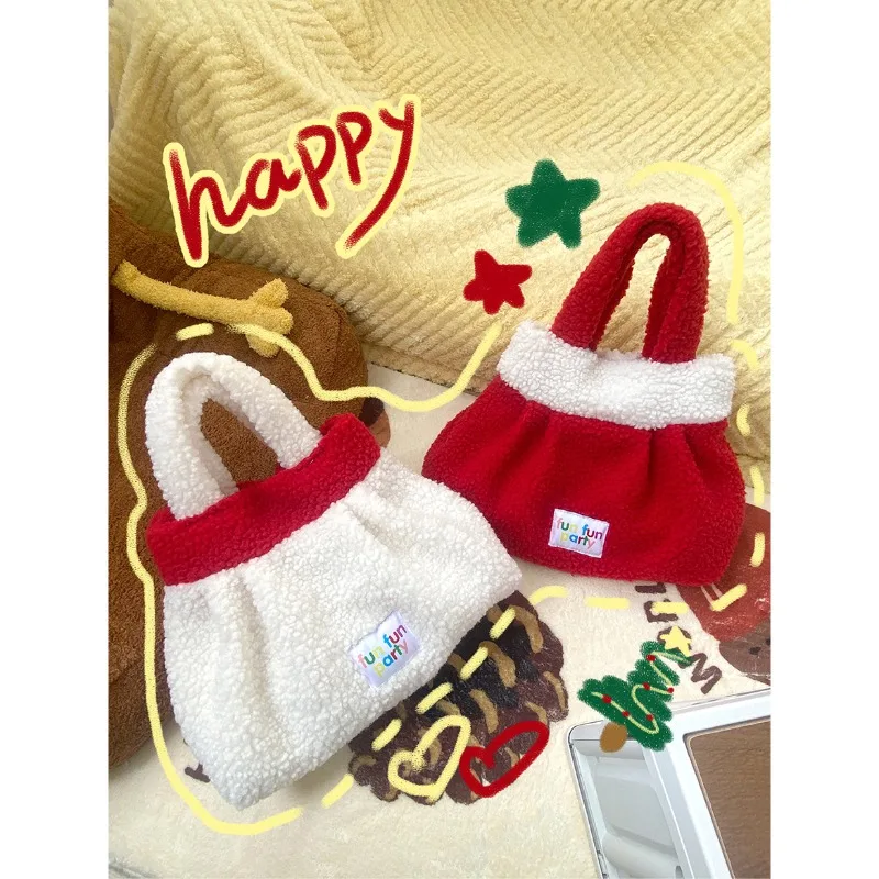 Bolso de mano de felpa, bolso de bendición de Año Nuevo de Navidad, nuevo artículo de otoño e invierno, bolso grande de lana de cordero roja para padres e hijos, bolso Bento