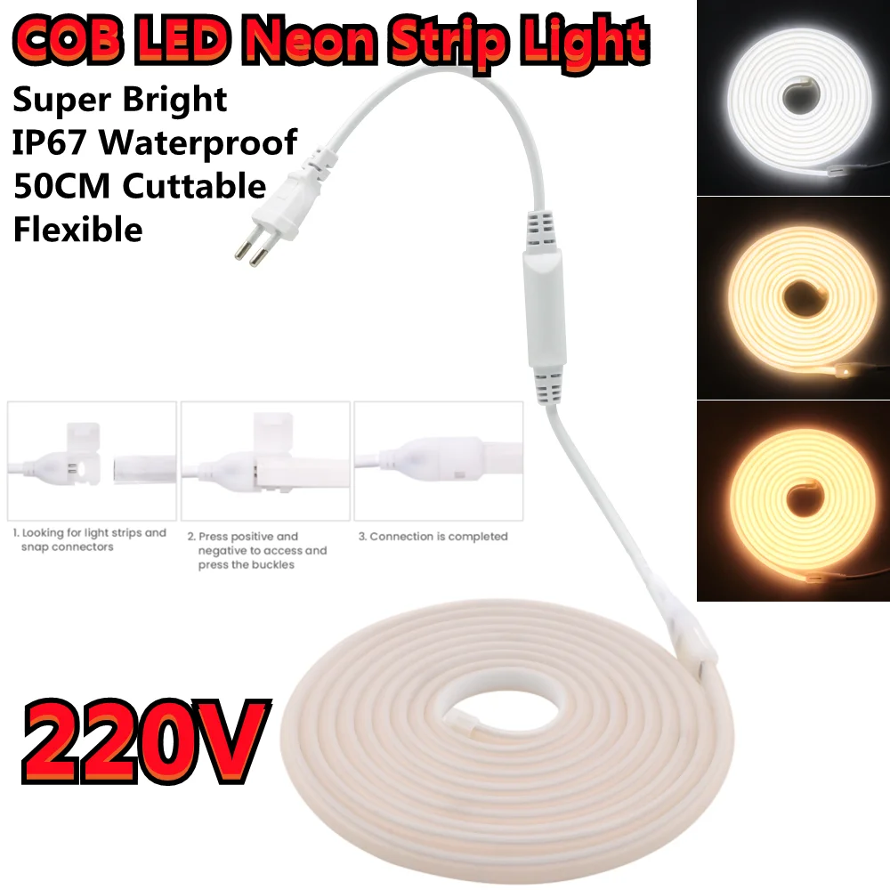 220V COB LED Neon Light Sign Strips 288LEDs/m Waterproof Ip67 Flexible 50CM Cuttable Tira De Led Kitchen Garden Patio Bedroom