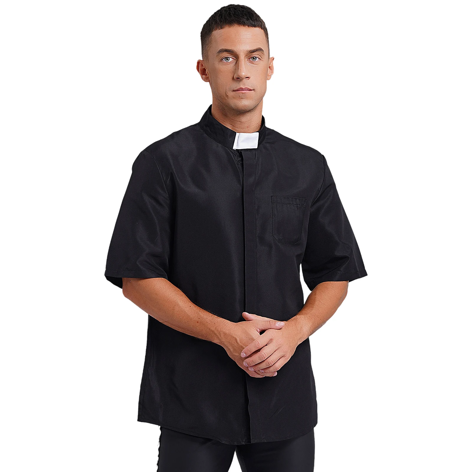 Mens Priest Shirt Black Catholic Church Costume Pastor Roman Priest Collars Minister Preacher Tops Halloween Cosplay Costume