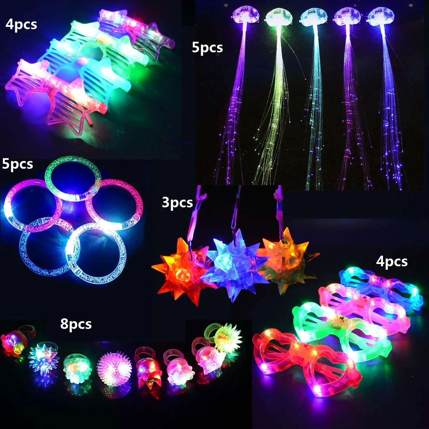 

Pack Light Up Toy Party Favor Birthday Gift LED Accessories Glow Flashing Ring Bracelets Glasses Bar Christmas Wedding Halloween