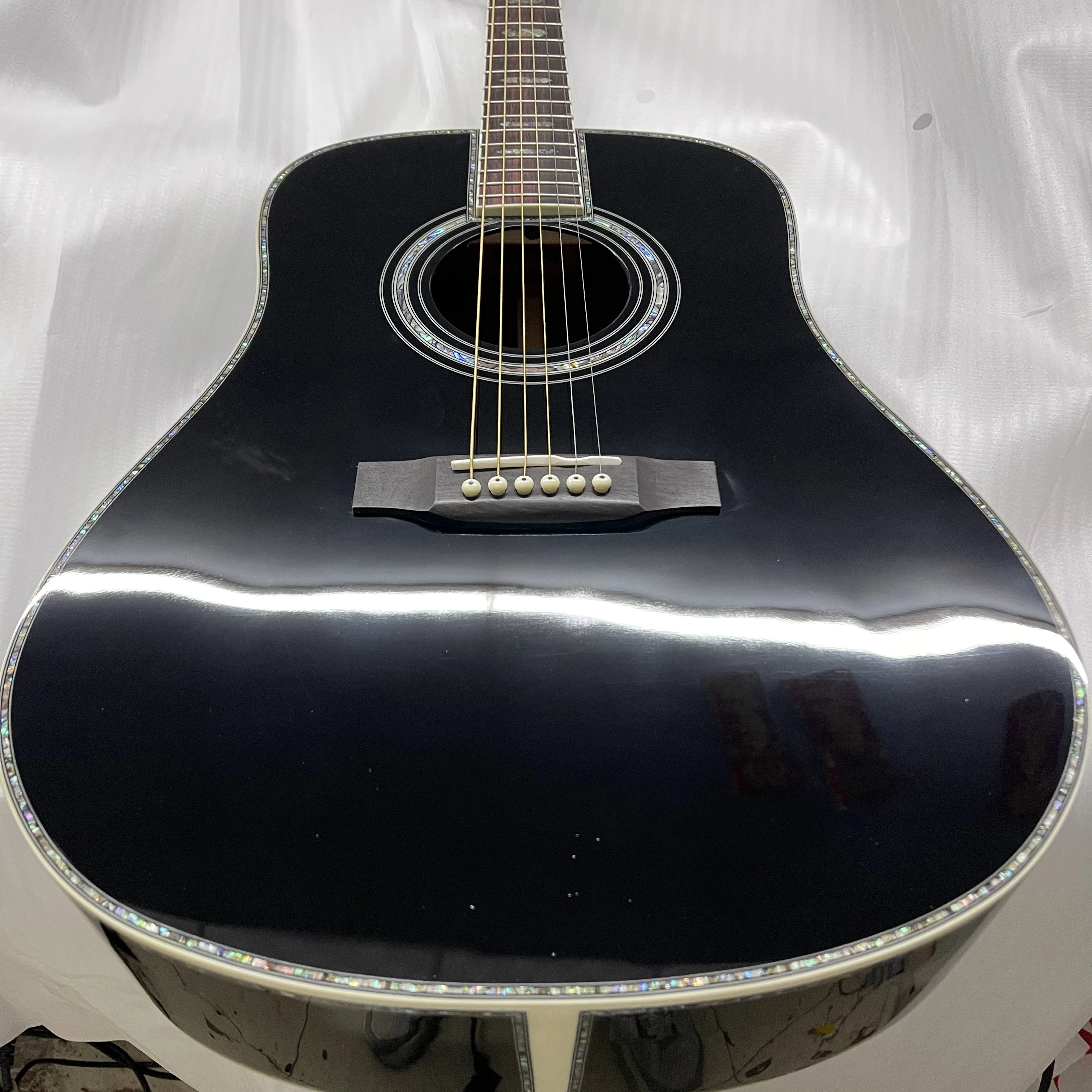 New D45 Acoustic Guitar Solid Wood Abalone Inlay/Binding Bone Nut/Saddle In Black 241019