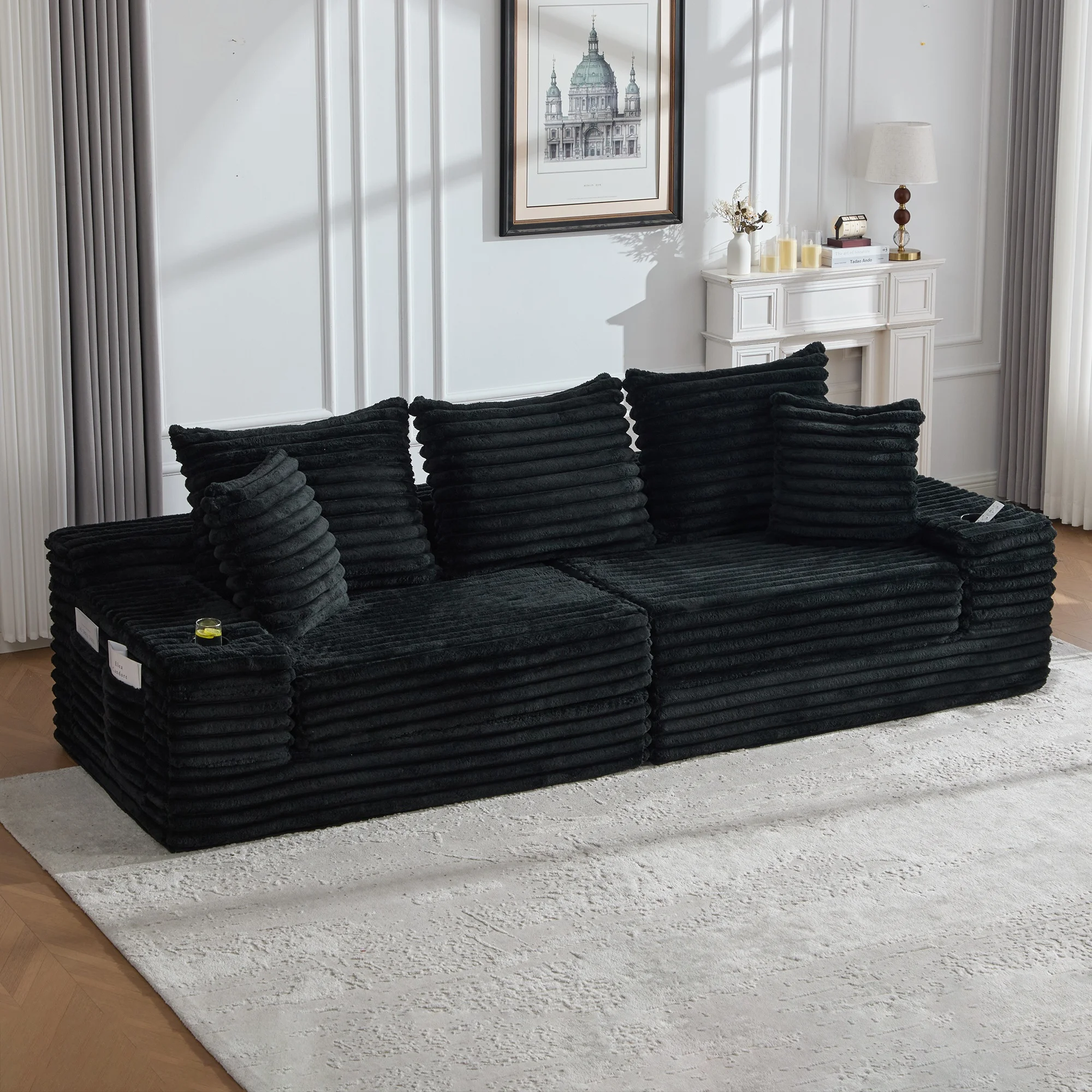 LVHOM 4-Sitzer Cordsofa mit Chaiselongue, Kissenrücken, Eckigen Armlehnen, Getränkehaltern & Seitentaschen für Wohnzimmer – Detail 5