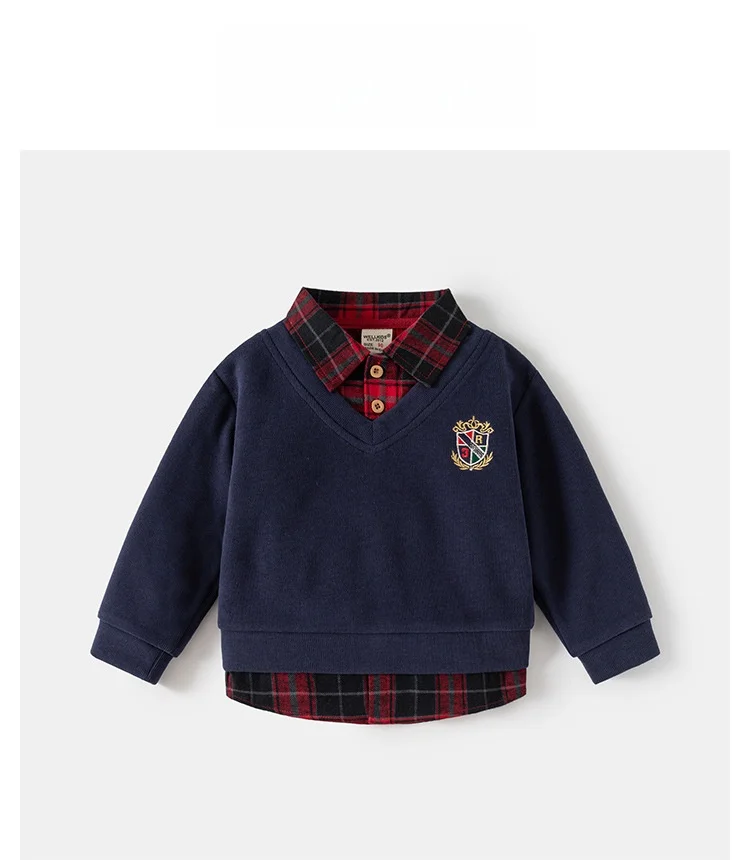 2026 Frühling Kinderkleidung Hoodie Jungen Preppy-Stil Fake-Zweiteiler Sweatshirt Karierter Kragen Langarm Besticktes Jungen-Oberteil – Detail 3