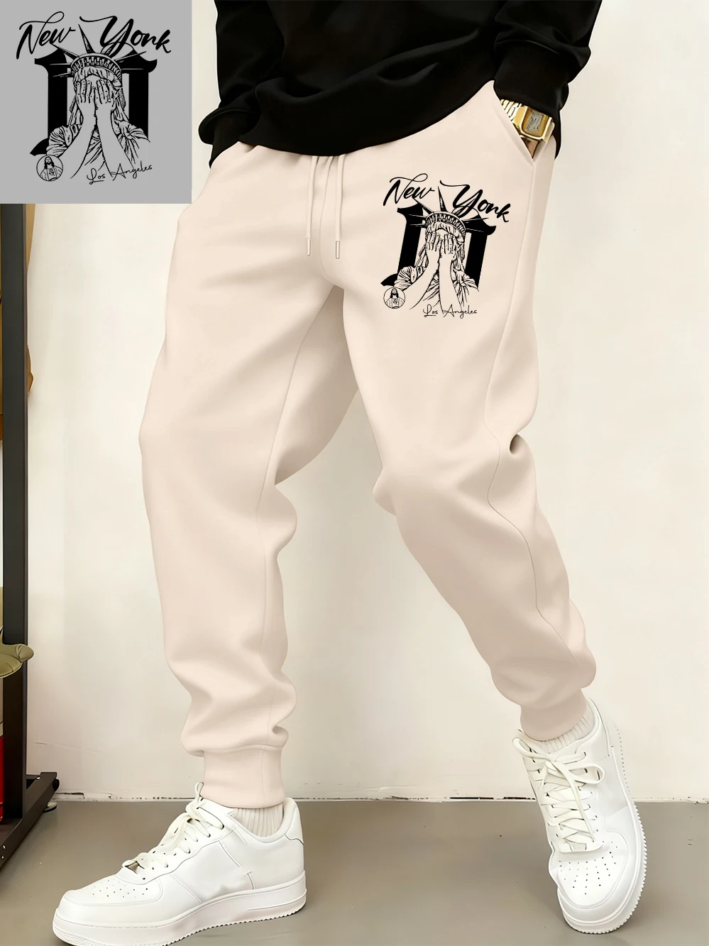 

Newyork Statue Of Liberty Prints Sweatpants Mens Winter Fleece Jogger Pants Basics Pocket Trousers Casual Loose Male Clothes