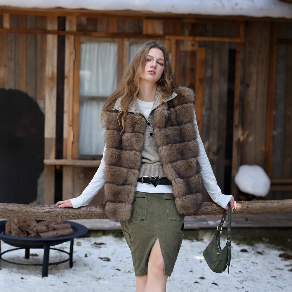 سميكة الدافئة الإناث فو الفراء معطف الشتاء النساء ايكو الفراء سترة الحد الأدنى الصلبة منقوشة أكمام سيدة فرو المنك أبلى #2