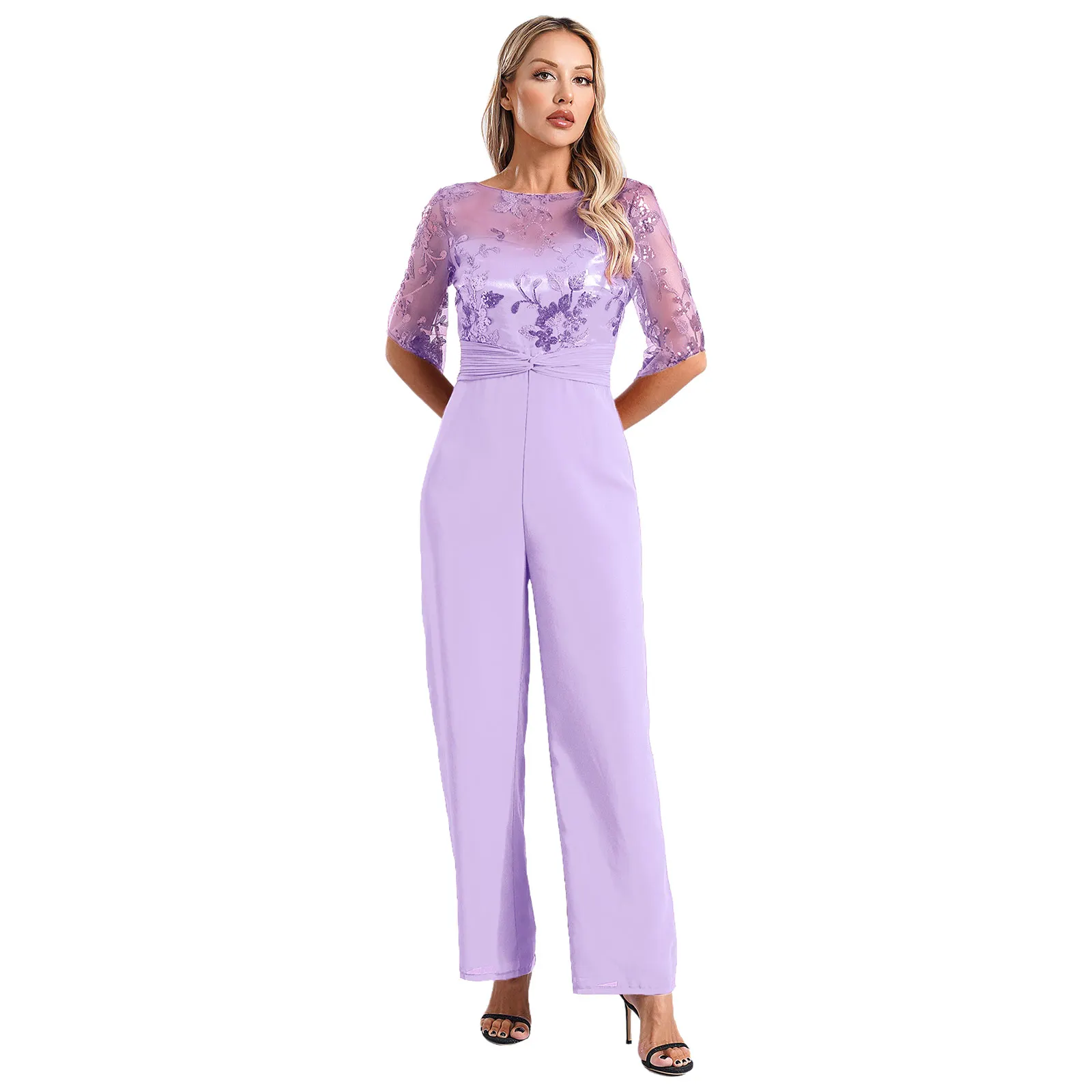 Women Sequined Jumpsuit Short Sleeve Wide Leg Pants Rompers Elegant Woman's Jumpsuits for Evening Party Cocktail Banquet Costume