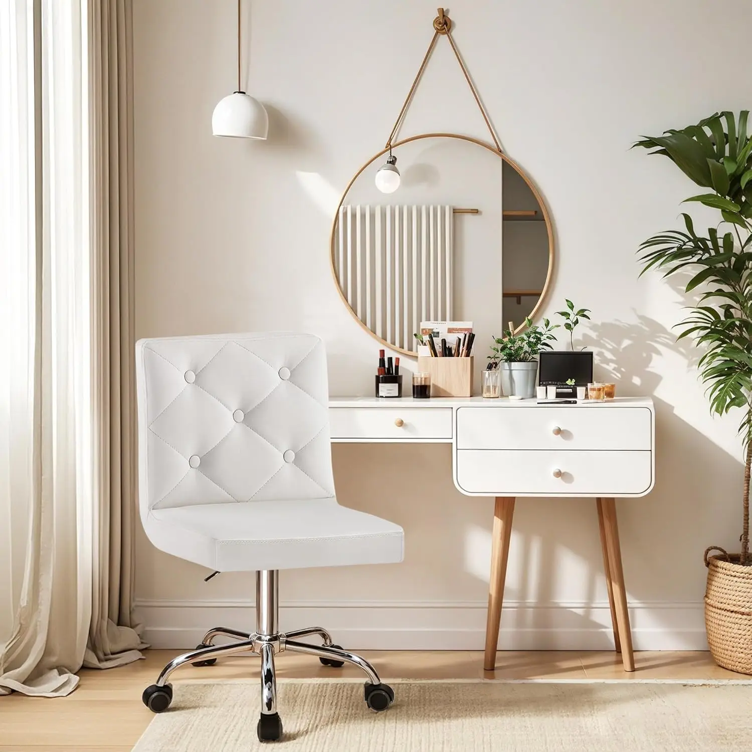 White Armless Mid-Back PU-Leather Vanity Chair, Height-Adjustable 360° Rolling Swivel Chair for Home & Office Use