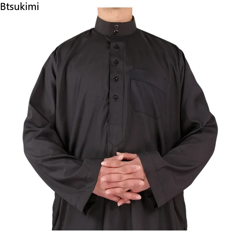 2024 Mid East Men Clothing Muslim Fashion Abayas Men's Solid Color Robe Pakistan Kaftan Arab Islamic Jubba Thobe Musulman Homme