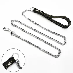 Reliable Metal Chain Dog Leash with Comfortable Leather Handle Secure Control for Strong and Active Energetic Pets