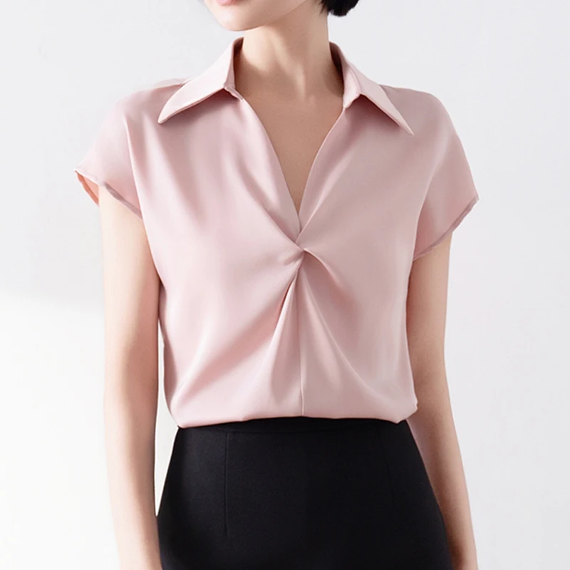 

Fashion Women Satin Blouse 2025 Summer New V-neck Short-sleeved Sweet Pink Blouse Folds Design Office Lady OL Tops Elegant Shirt