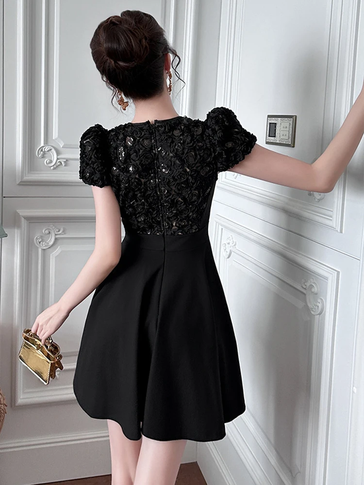 Women Clothes Black Sweet Lace Floral O-Neck Slim A-Line Mini Short Dress Elegant Luxury Party Prom Vestidos Casual Summer New