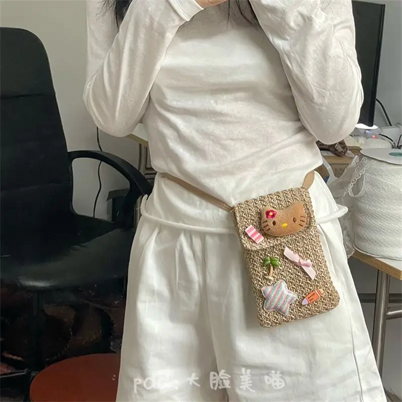 

New Hello Kitty Bag Manual Weave Delicate Personality Mobile Phone Crossbody Bag Fashion Versatile Cartoon Cute Storage Bag