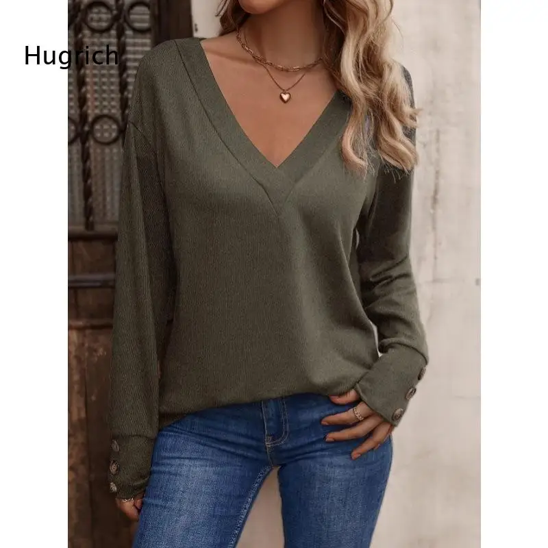 Women White V Neck Long Sleeve Shirt Button Detail Cuffs Loose Soft Knit Casual Blouse