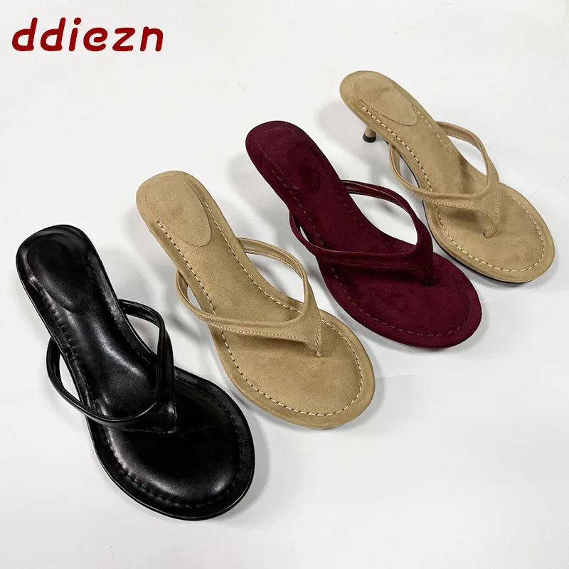 Modische Damen-Slipper mit Rundzehe und Dünnem Absatz, Flip-Flops, Sandalen, Flache Schuhe mit Mittlerem Absatz, Damen-Pumps
