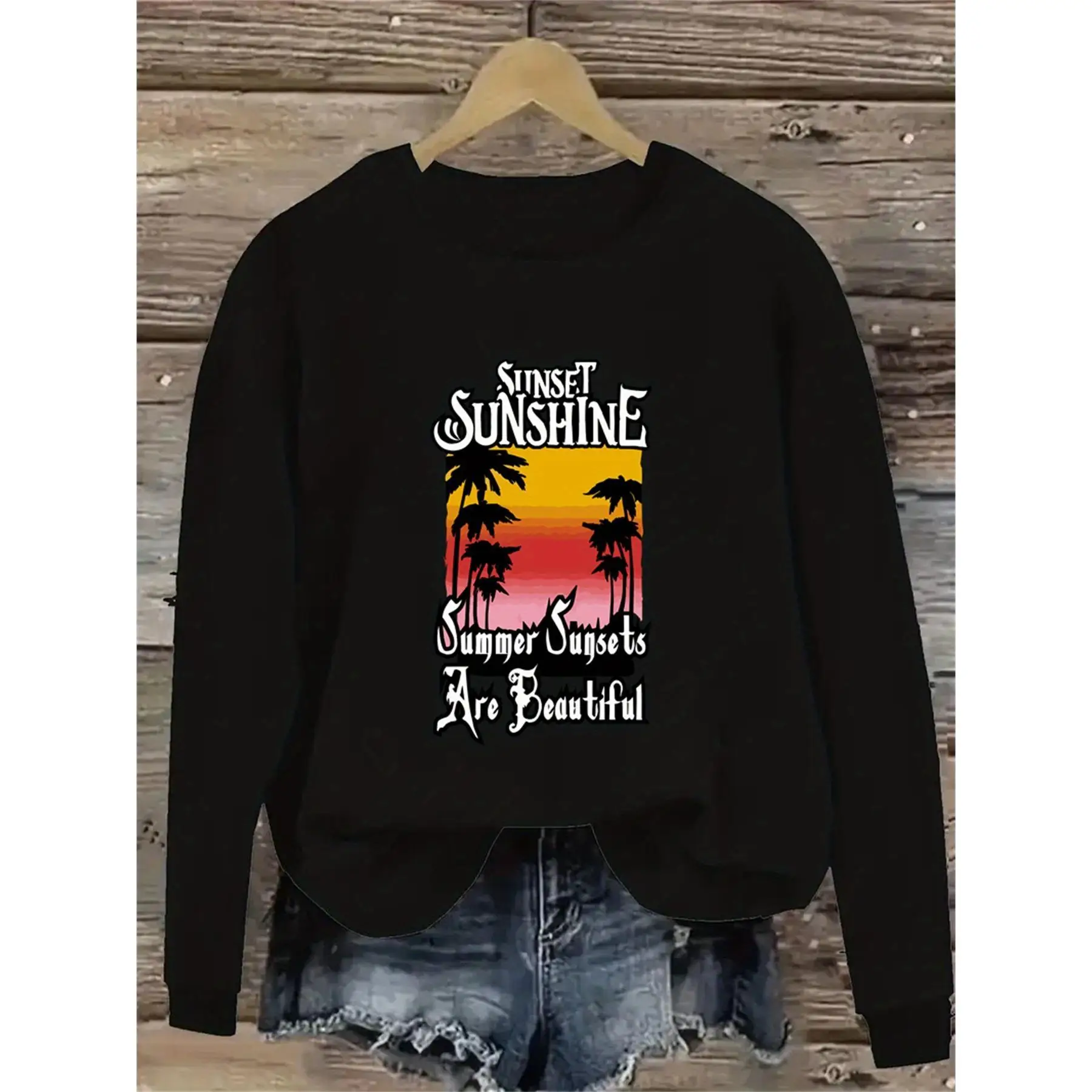 Women's Oversized Summer Sunset Palm Tree Print Sweatshirt Casual Beach Vacation Pullover Aesthetic Long Sleeve Top for Ladies