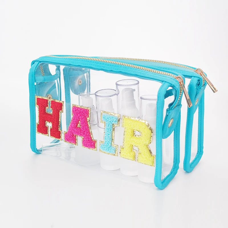 Clear Travel Make Up Cosmetic Bag  Pouches Available Transparent Letter Patches Color Waterproof Cosmetic Toiletry Bag Organizer