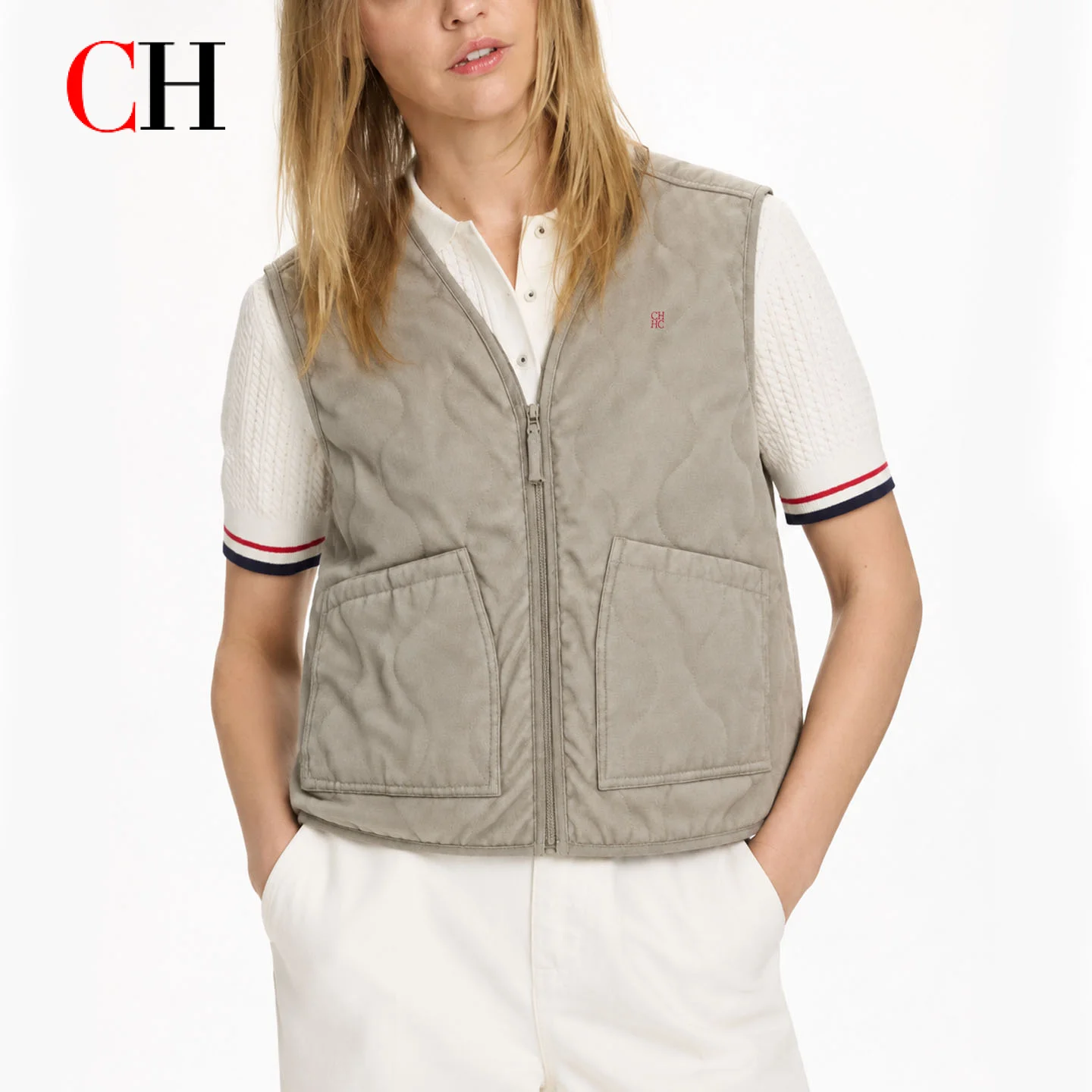 Gilet matelassé à col en V, avec motif de vagues, fermeture éclair à l’avant, grandes poches apparentes, idéal pour un usage décontracté, en extérieur, à porter en superposition au quotidien.