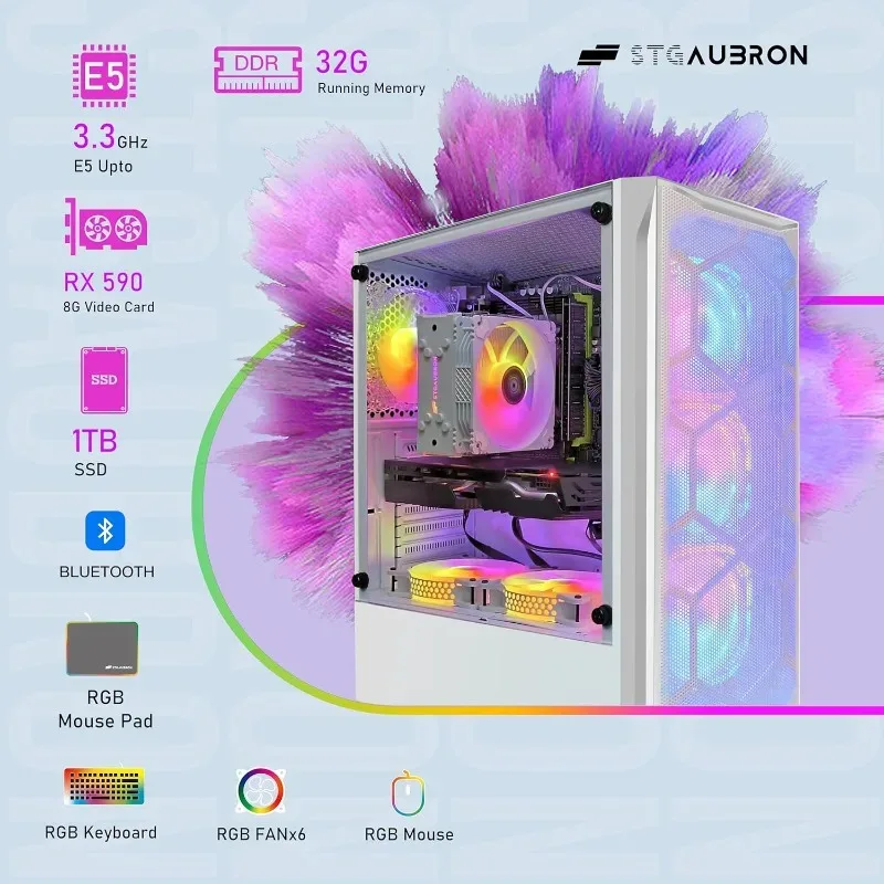 Desktop da gioco, Radeon RX 590 8G GDDR5, Core Xeon E5 2,5G fino a 3,3G, memoria 32G, SSD 1T, WiFi 600M, BT 5.0, ventola RGB