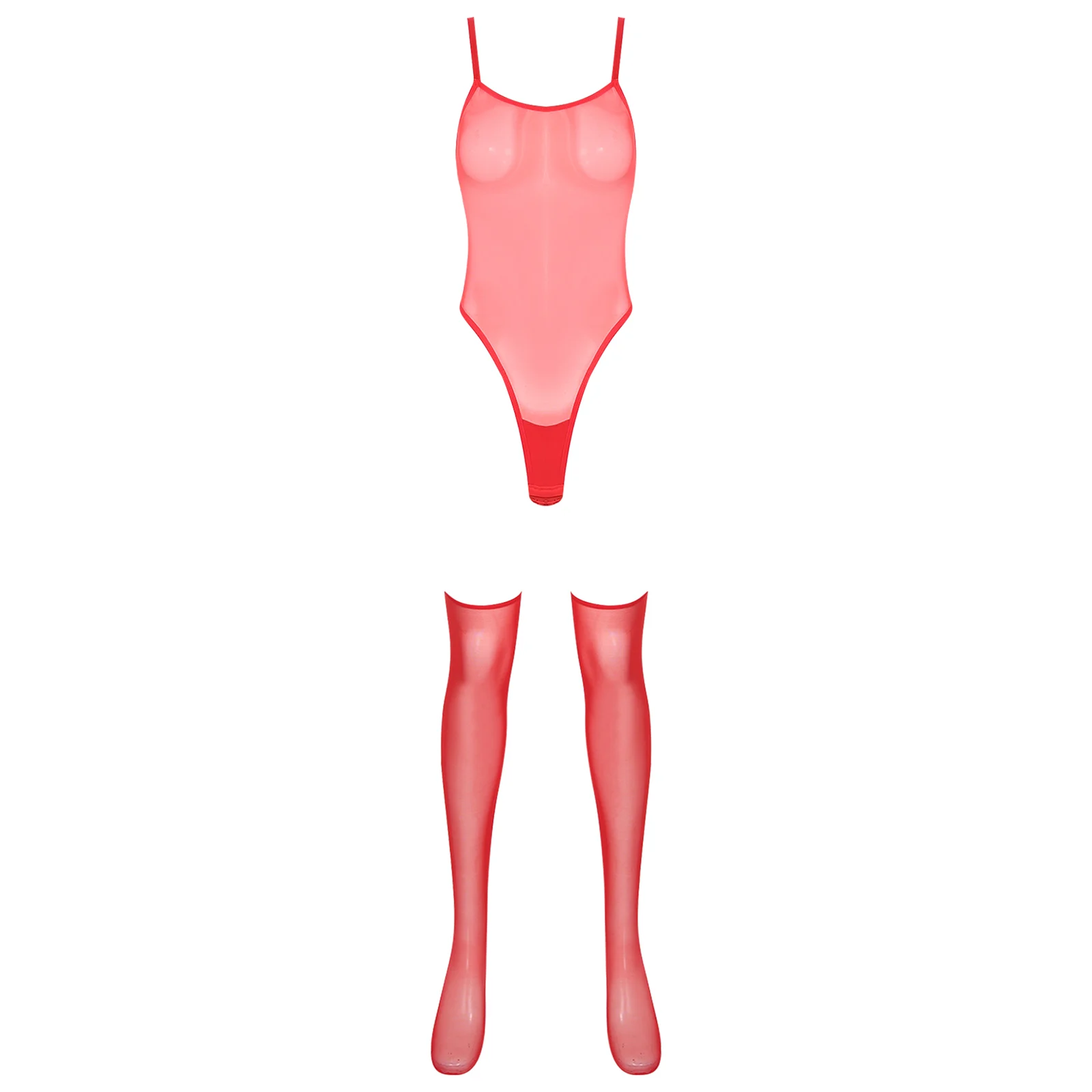 

Sexy Womens Tempting Erotic Mesh Bodysuit with Thigh High Stockings Adjustable Straps Openable Crotch Sling Leotard Lingerie Set