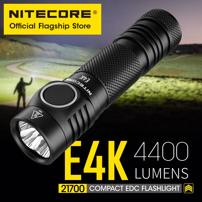 Original NITECORE E4K 4400 lumen LED Flashlight super bright straight tube EDC Portable with 21700 5000mAh Rechargeable Battery