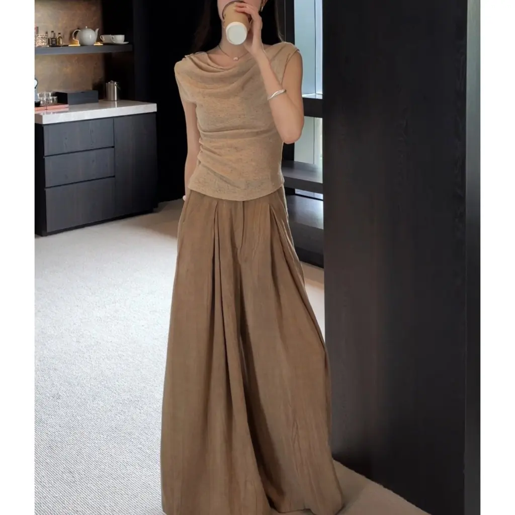 

Женская футболка без рукавов, минималистичный летний однотонный льняной топ с овальным вырезом, универсальный топ с застежкой на талии, элегантный и утягивающий