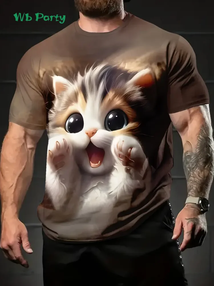 جديد ثلاثية الأبعاد القط تي شيرت مطبوع الصيف في الهواء الطلق الرجال قصيرة الأكمام المحملة موضة الجولة الرقبة الرجال بلايز عادية المتضخم ملابس للرجال