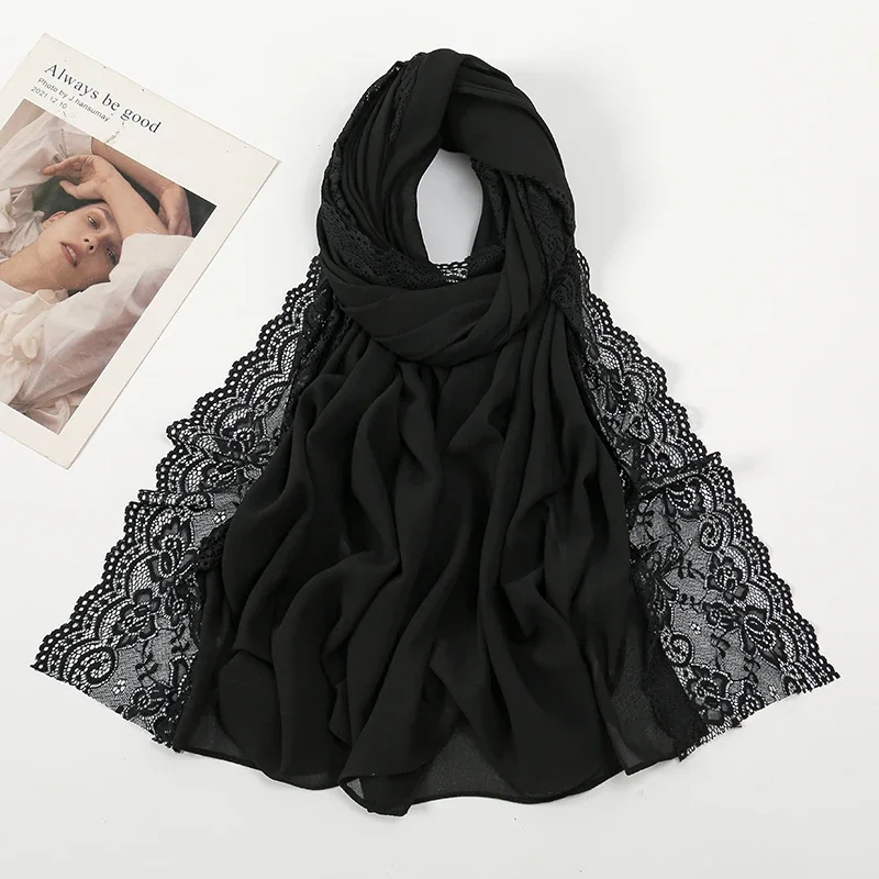 Muslim Bubble Chiffon High Quality Hijab Shawls Stitch Lace Floral Chain Wrap Islamic Ramadan Hijabs Scarves Lady Veil Sjaal