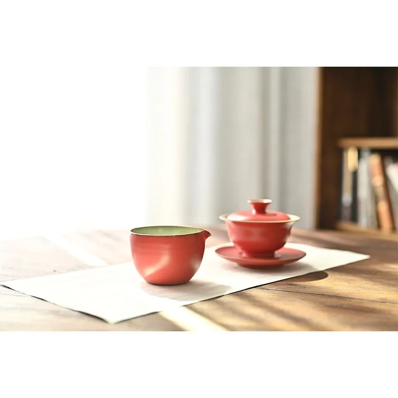 Jingdezhen Hand-Drawn Blank Ceramic Red Mihong Gaiwan Tea Brewing Bowl Inner Bean Green Gracked Glaze Supportable Set