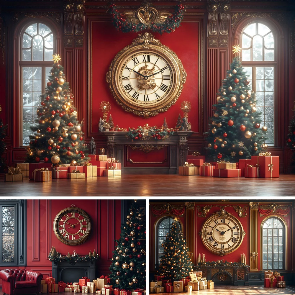 Merry Christmas Clock Photography Background Christmas Tree Gifts Red Background Decoration Family Home Party Photo Studio Props